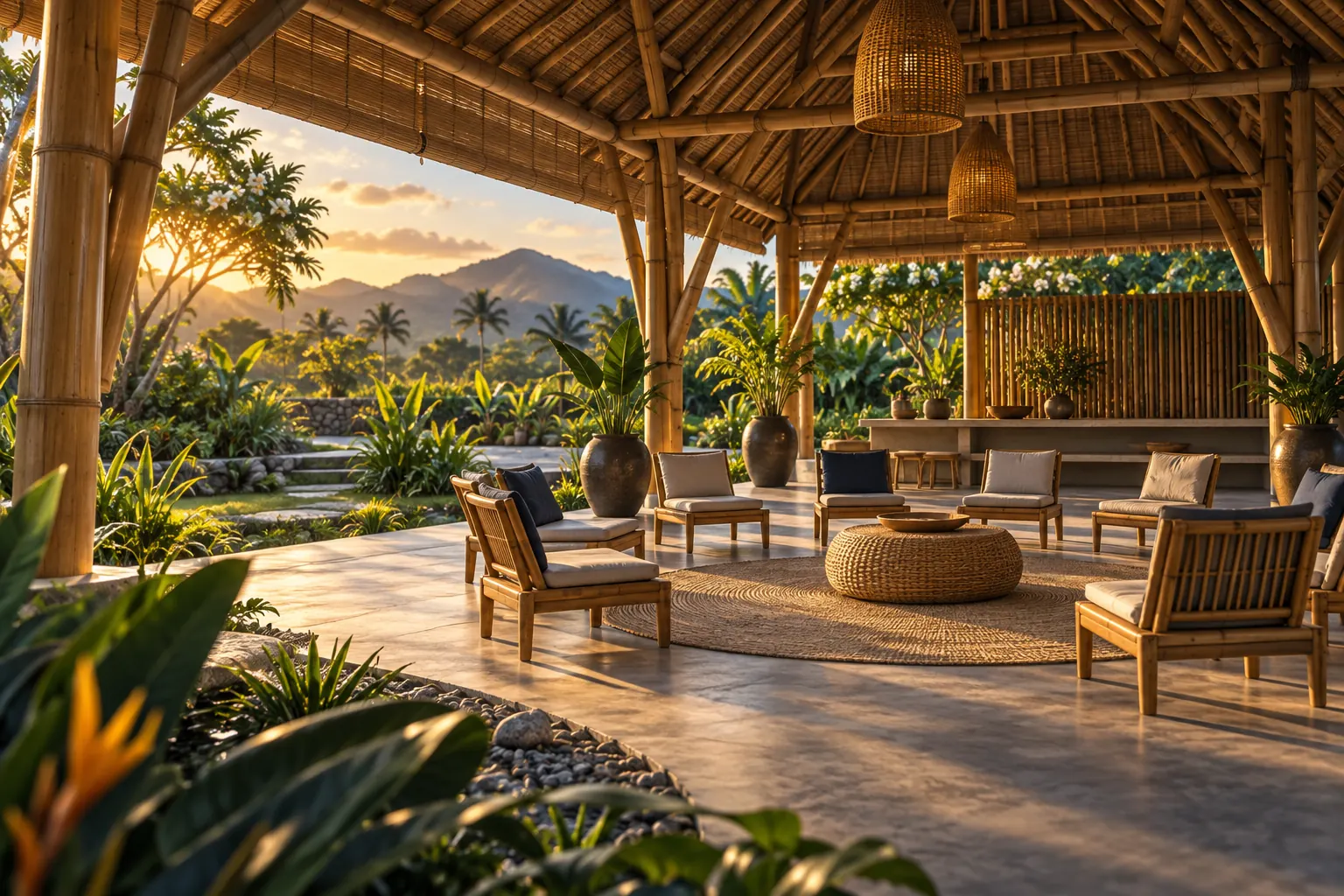 The shaded pool and garden at Anak Alam Intercultural School in Lombok
