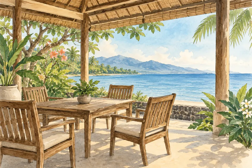 Illustration of a coastal meeting space in Lovina, not a photograph of Beach House Lovina