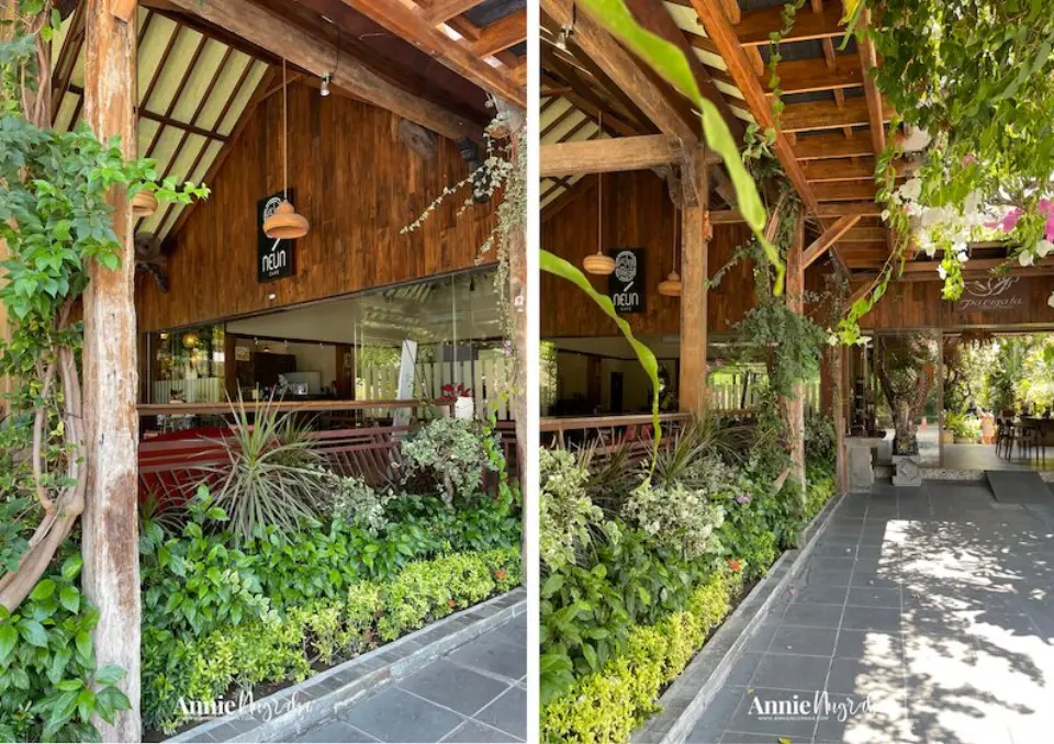 The garden entrance at Neun Cafe in Sanur